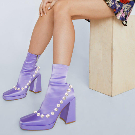 Elegant Purple Square Toe Pearl Decorated Platform Sock Booties