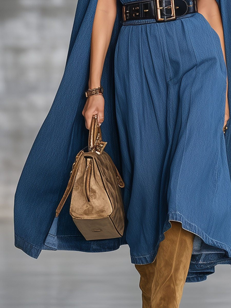 Fashion Retro Blue Denim Lace-Up Cape Zipper Midi Dress