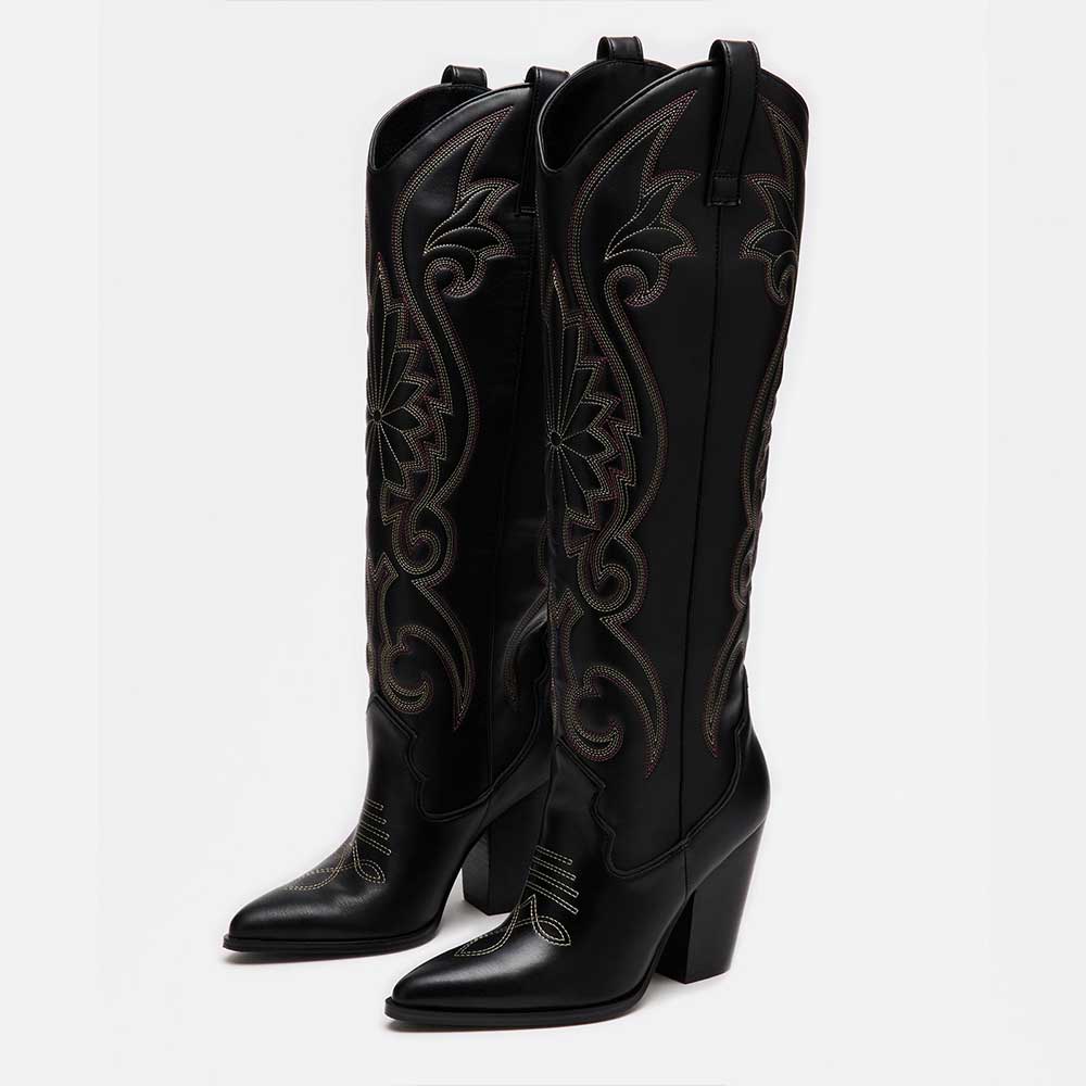 Fashion Pointed Toe Embroidered Knee-High Cowgirl Boots in Black