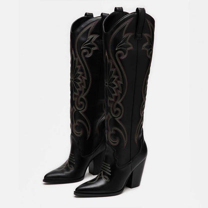 Fashion Pointed Toe Embroidered Knee-High Cowgirl Boots in Black
