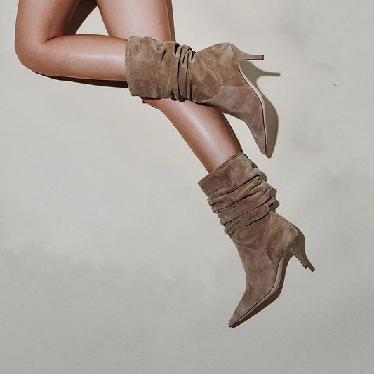 Beige Faux Suede Closed Toe Stiletto Heel Mid-Calf Slouch Boots