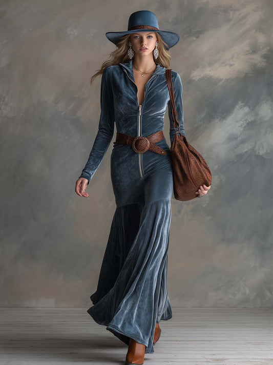 Elegant Haze Blue Hooded Front Zipper Waistband Long Sleeve Wide Leg Jumpsuit