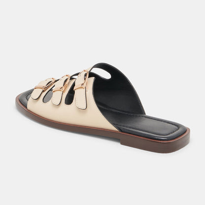 Elegant Beige Faux Leather Square Toe Slide Flat Summer Sandals