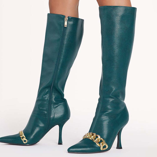 Dark Teal Lizard Embossed Pointed Toe Heeled Boots with Metal Chain