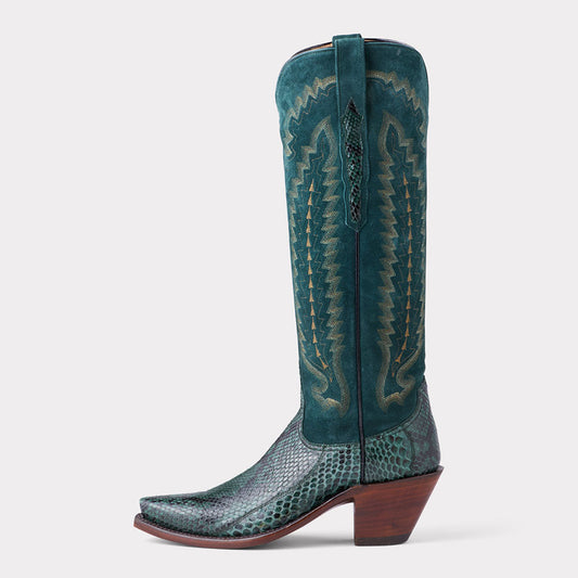Dark Teal Faux Suede Low Block Heel Snakeskin Snip Toe Western Boots