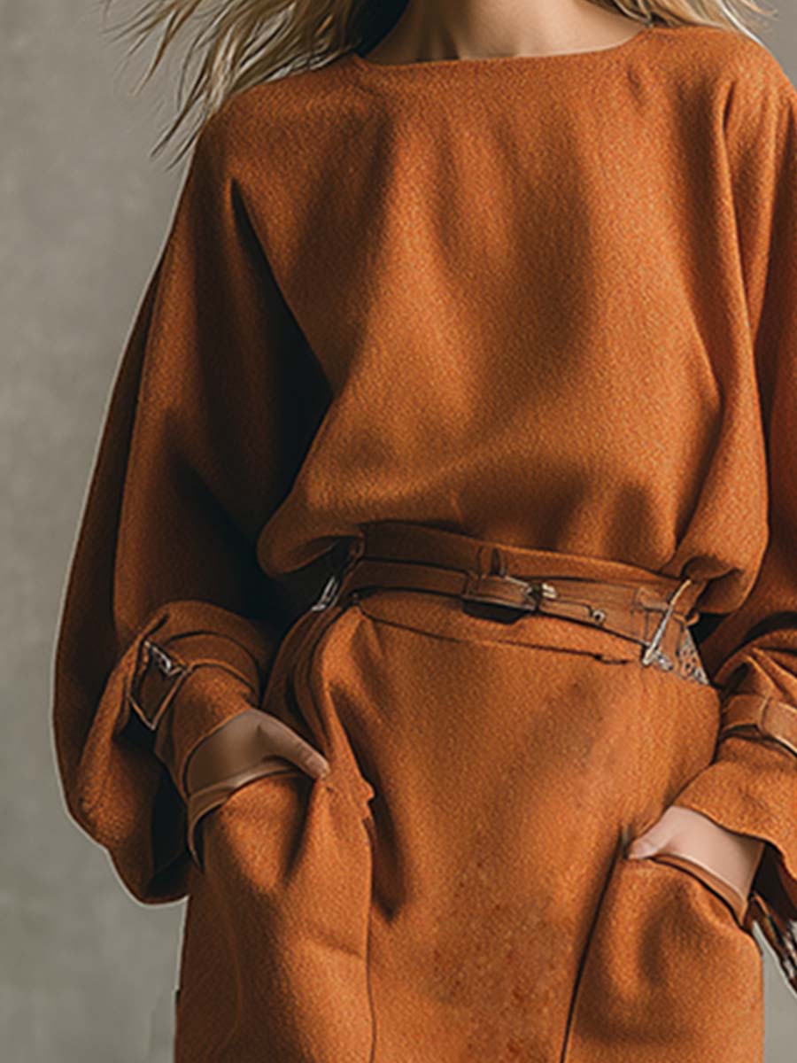 Elegant Loose Orange Round Neck Pocket Woolen Maxi Dress
