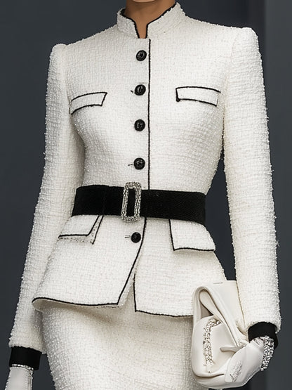 White Tweed Patchwork Black Ribbon Jacket And Fishtail Skirt Suit