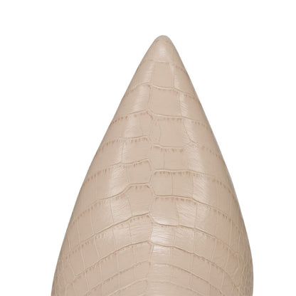 Beige Croc Embossed Cone Heel Embroidered Cowboy Boots for Women