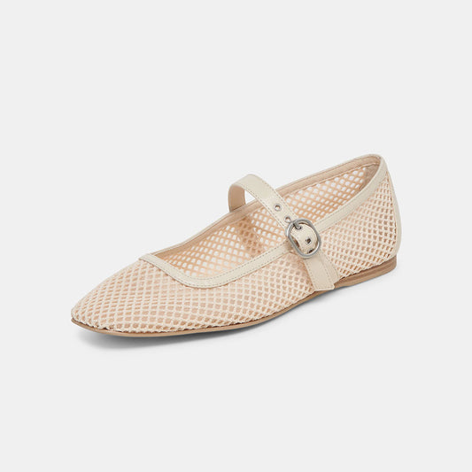 Beige Fishnet Square Toe Flat Buckle Strap Mary Jane Shoes for Women