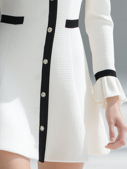 Elegant High-end Black Hem Round Neck White Long Sleeve Tweed Mini Dress