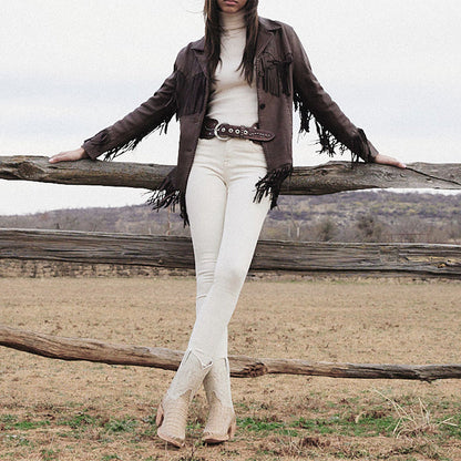 Beige Croco Embossed Pointed Toe Mid-Calf Embroidered Chunky Boots