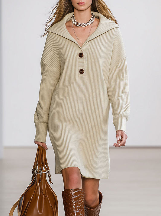 Fashion Loose Retro Beige Knitted Lapel Midi Dress