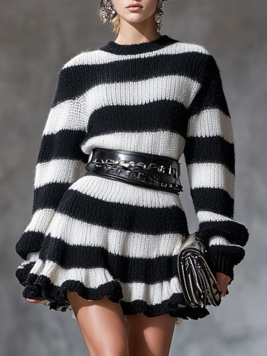 Fashionable And Classic Black And White Ruffled Knitted Mini Dress