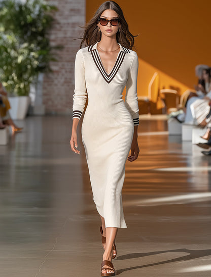 Fashionable And Casual V-neck Lapel Black And White Striped White Knitted Midi Dress