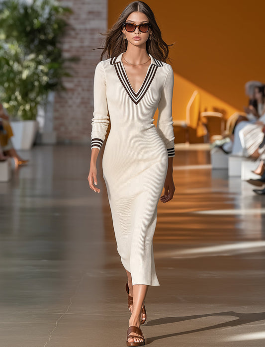Fashionable And Casual V-neck Lapel Black And White Striped White Knitted Midi Dress