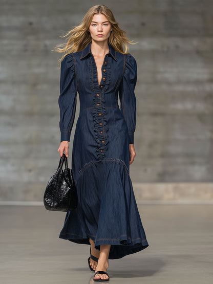 Fashion Retro Ruffled Navy Blue Denim Long-Sleeved Maxi Dress
