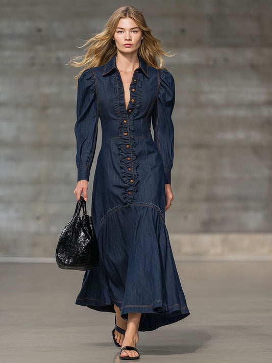 Fashion Retro Ruffled Navy Blue Denim Long-Sleeved Maxi Dress