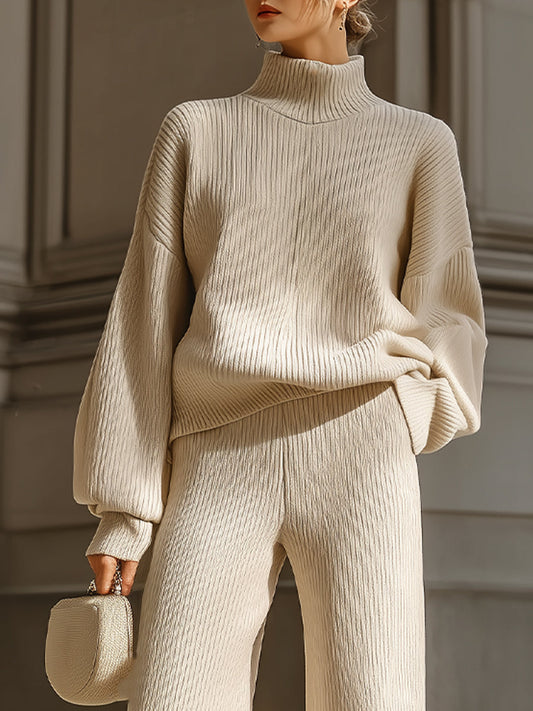 Beige Ribbed Knit Turtleneck Lounge Set