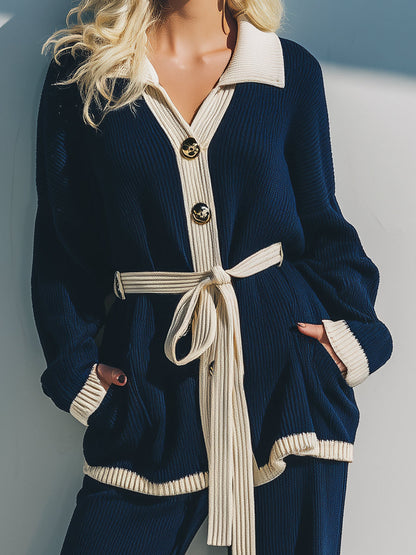 Fashionable Lazy Style White Contrasting Edge Navy Blue Knitted Cardigan Wide-leg Pants Set