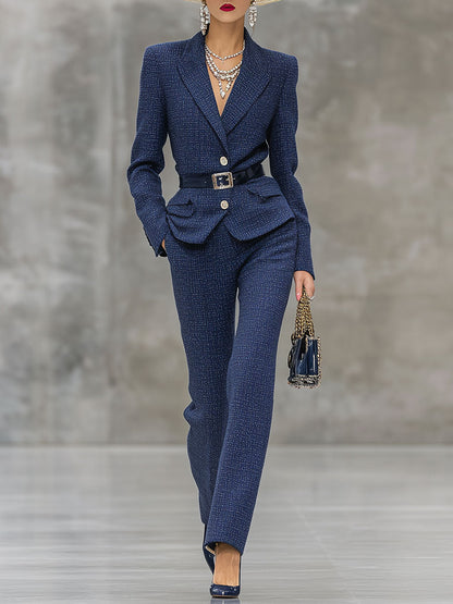 Elegant Vintage Blue Tweed Jacket And Pants Suit