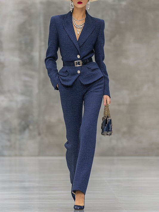 Elegant Vintage Blue Tweed Jacket And Pants Suit
