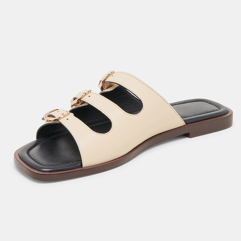 Elegant Beige Faux Leather Square Toe Slide Flat Summer Sandals