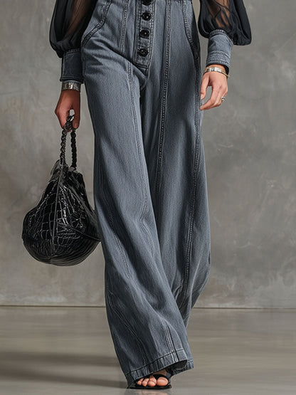 Fashion Retro Mesh Long-Sleeved Graphite Gray Wide-Leg Jumpsuit