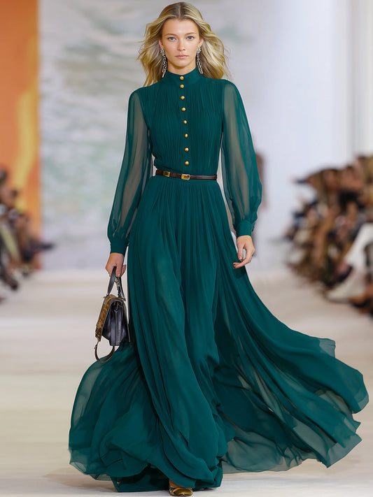 Exquisite And Fashionable Gold Button Dark Green Chiffon Maxi Dress