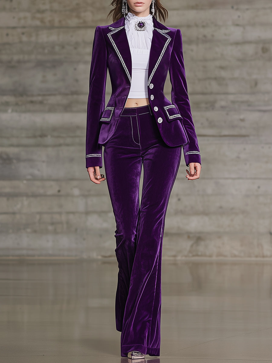 Elegant Purple Velvet Suit And Flared Pants Set