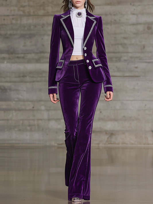 Elegant Purple Velvet Suit And Flared Pants Set