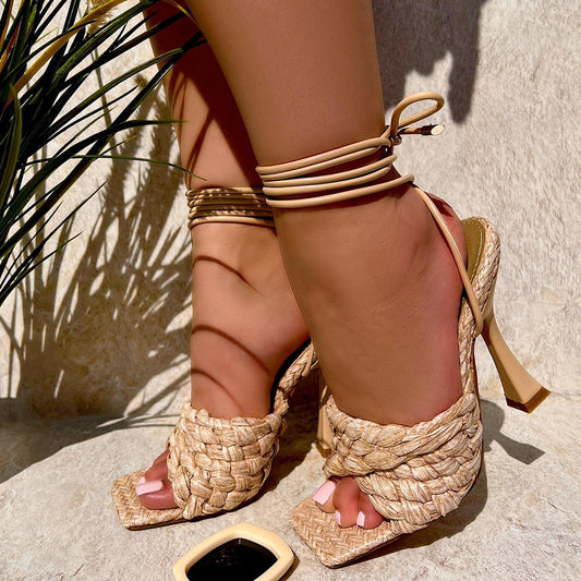 Beige Square Toe 4'' Flared Heel Lace Up Sandals