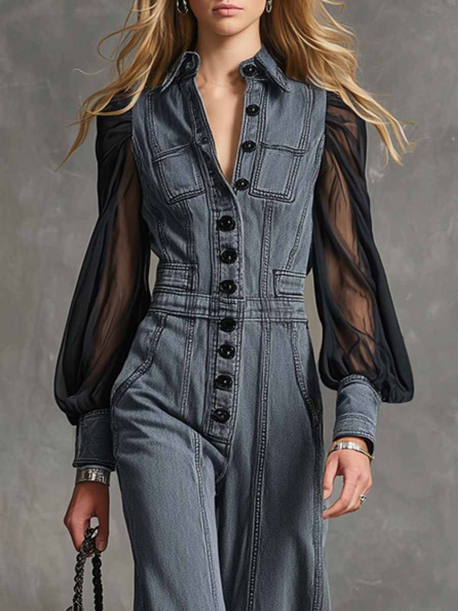 Fashion Retro Mesh Long-Sleeved Graphite Gray Wide-Leg Jumpsuit