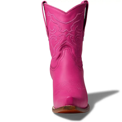 Fuchsia Snip Toe Chunky Heel Embroidered Pull-On Cowgirl Boots
