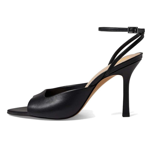Faux Leather Open Toe Flared Heel Ankle Strap Black Sandals for Women