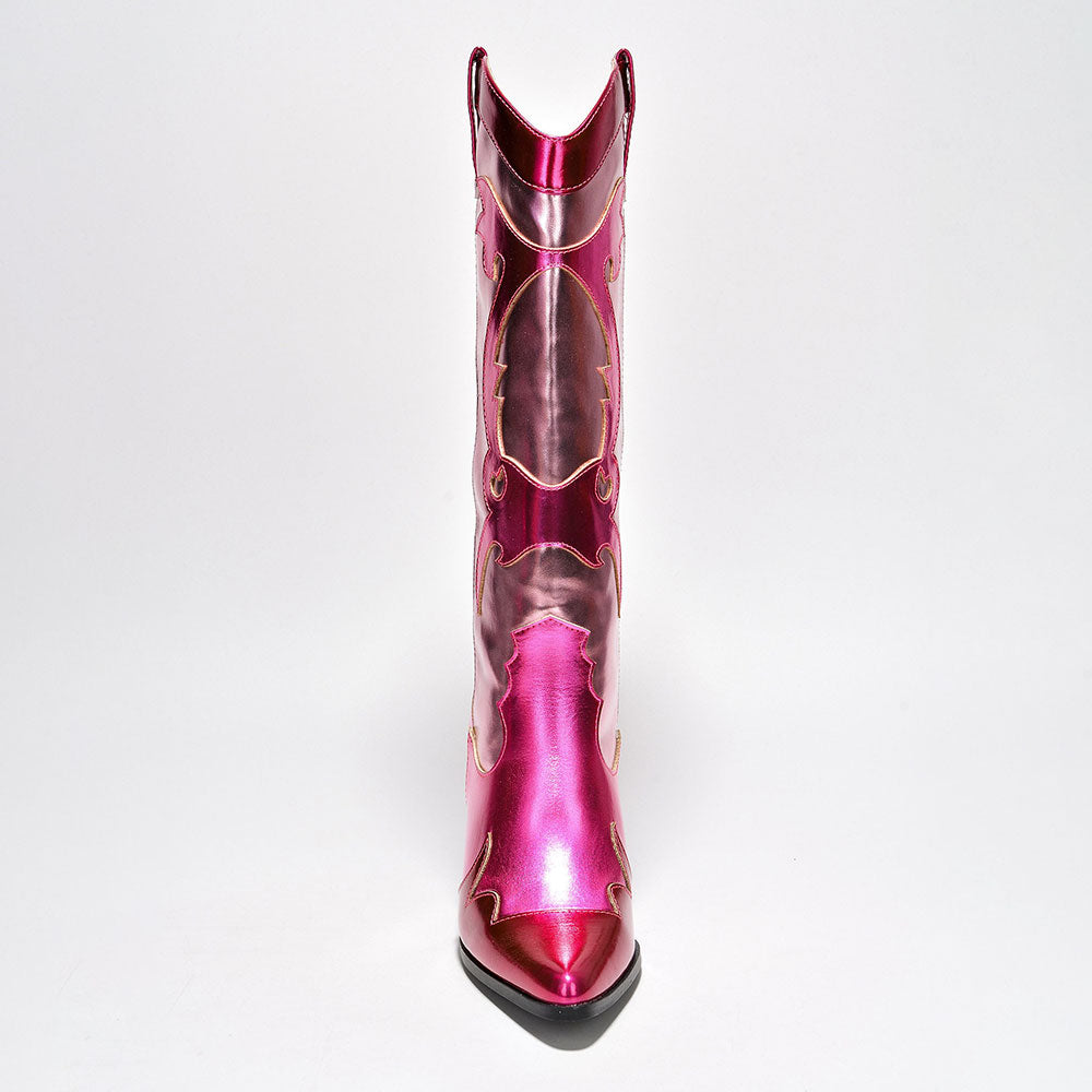 Fuchsia and Pink Metallic Patchwork Cowgirl Boots with Chunky Heel