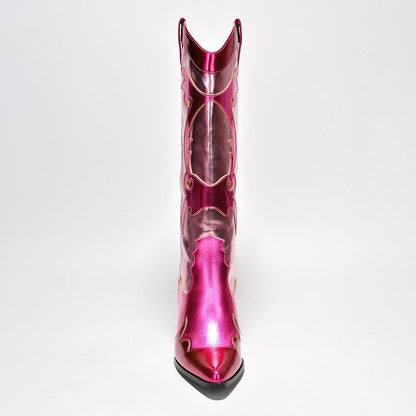 Fuchsia and Pink Metallic Patchwork Cowgirl Boots with Chunky Heel