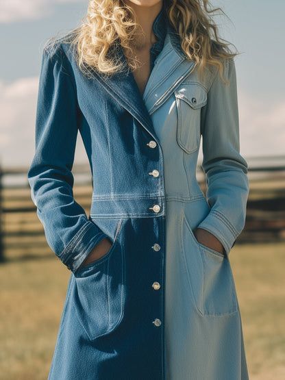 Fashionable Dark And Light Blue Colorblock Denim Long Trench Coat