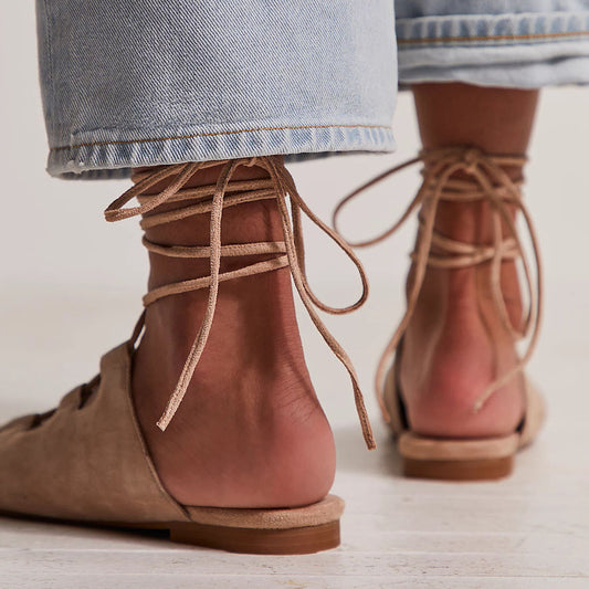 Beige Faux Suede Square Toe Flat Lace Up Strappy Sandals