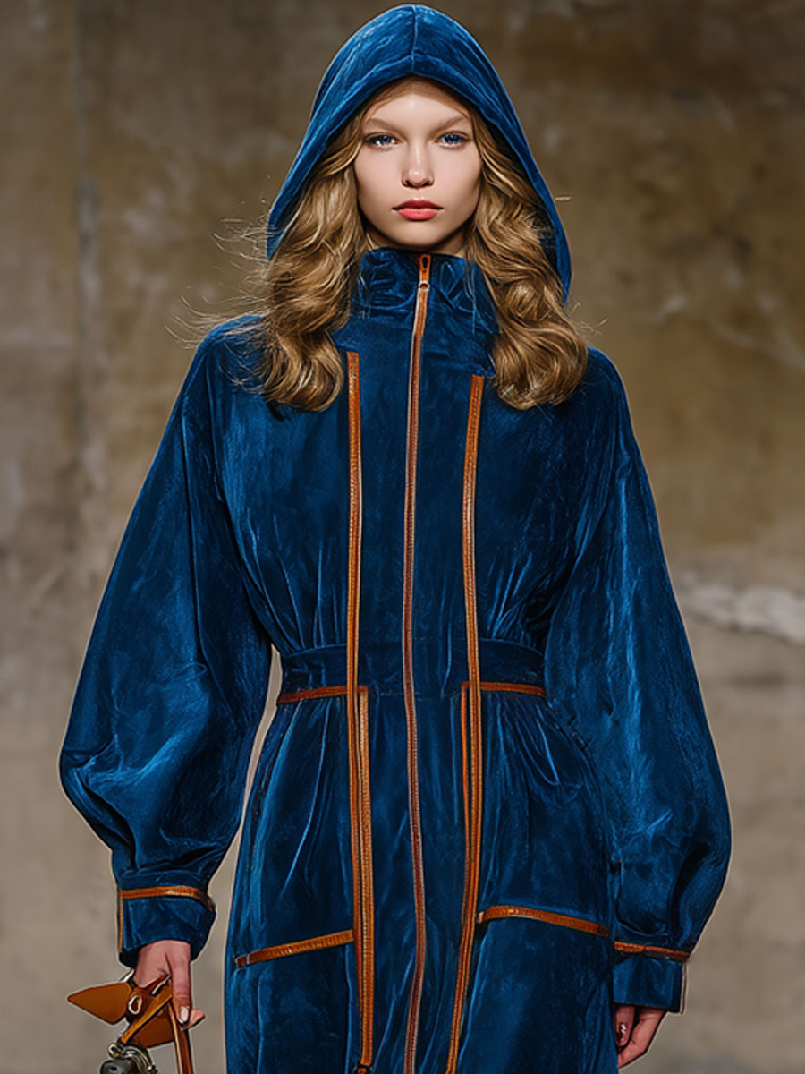 Fashion Retro Brown Trim Dark Blue Velvet Long-Sleeved Cape Midi Dress