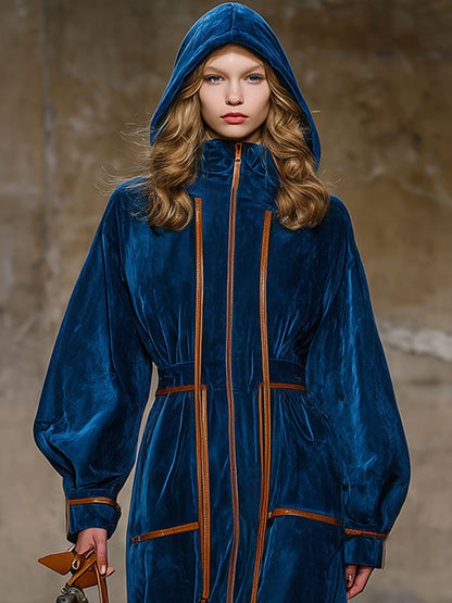 Fashion Retro Brown Trim Dark Blue Velvet Long-Sleeved Cape Midi Dress