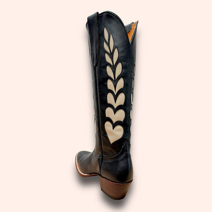 Beige & Black Inlay Round Toe Chunky Heel Wide Calf Cowgirl Boots