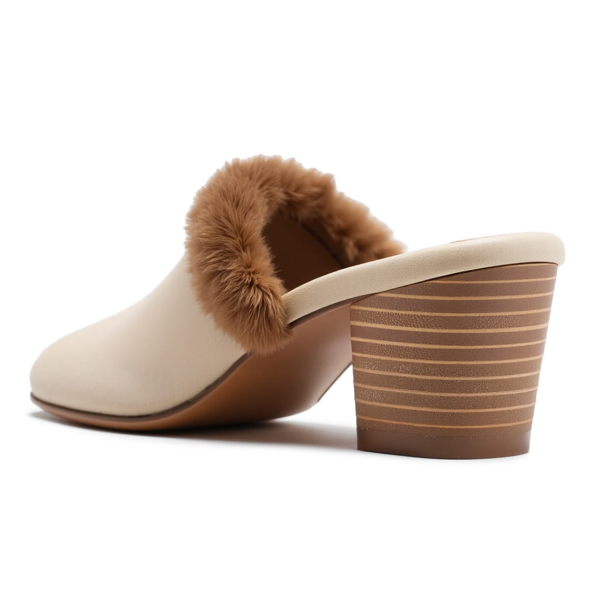 Faux Fur Trim Closed-Toe Block Heel Mule Shoes for Women in Nude