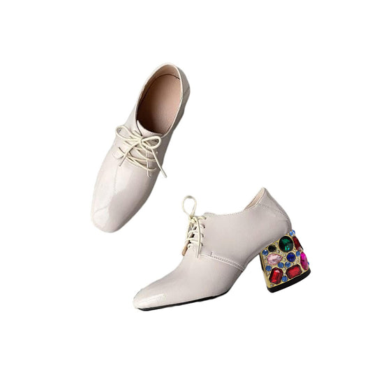 Beige Patent Leather Square Toe Decorative Heel Lace Up Oxford Shoes