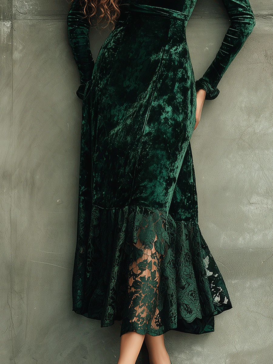 Elegant Emerald Green Velvet Lace Hem Midi Dress