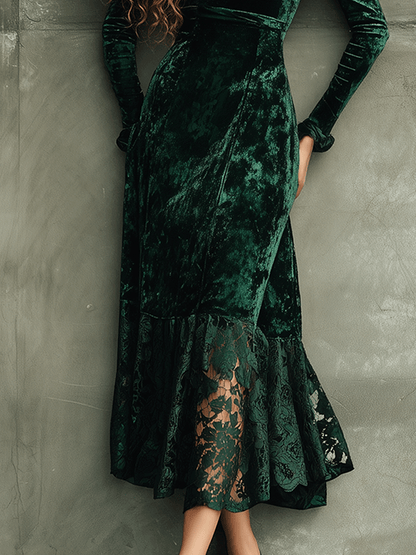 Elegant Emerald Green Velvet Lace Hem Midi Dress
