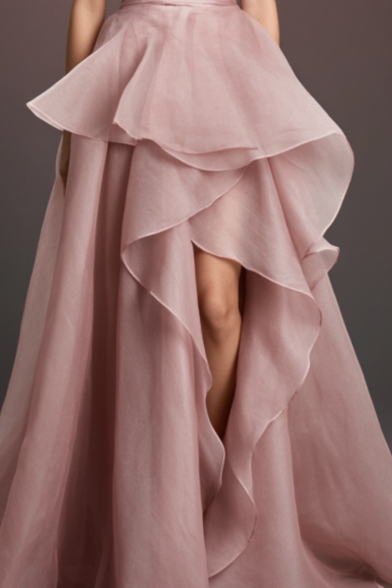 Formal Evening Tiered Dress Pink Strapless Floor-Length Gown