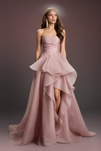 Formal Evening Tiered Dress Pink Strapless Floor-Length Gown