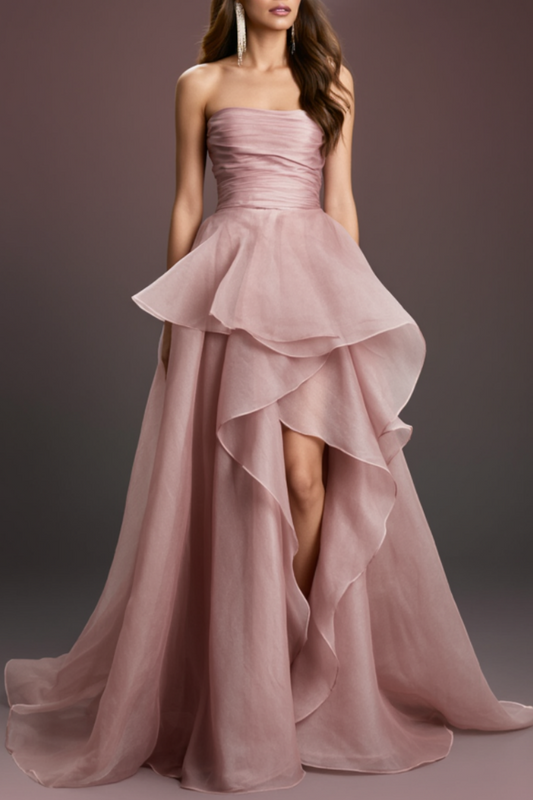 Formal Evening Tiered Dress Pink Strapless Floor-Length Gown