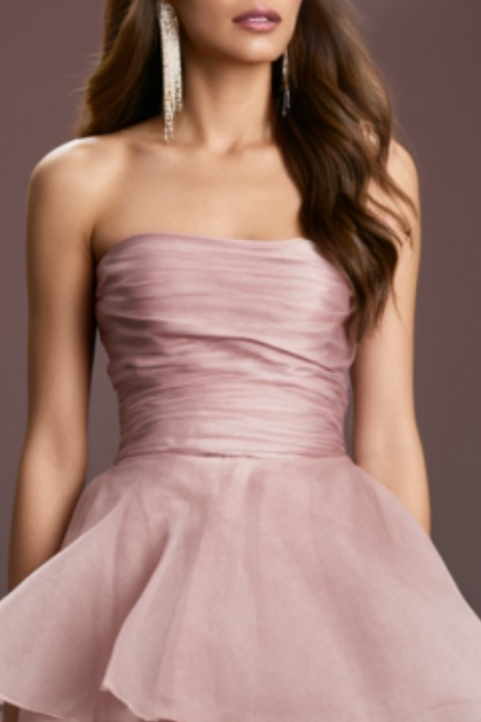 Formal Evening Tiered Dress Pink Strapless Floor-Length Gown