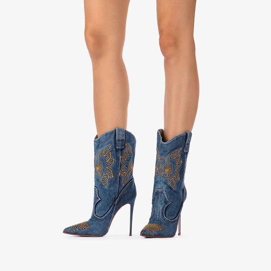 Denim Pointed Toe Stiletto Heel Embroidered Cowgirl Boots in Blue